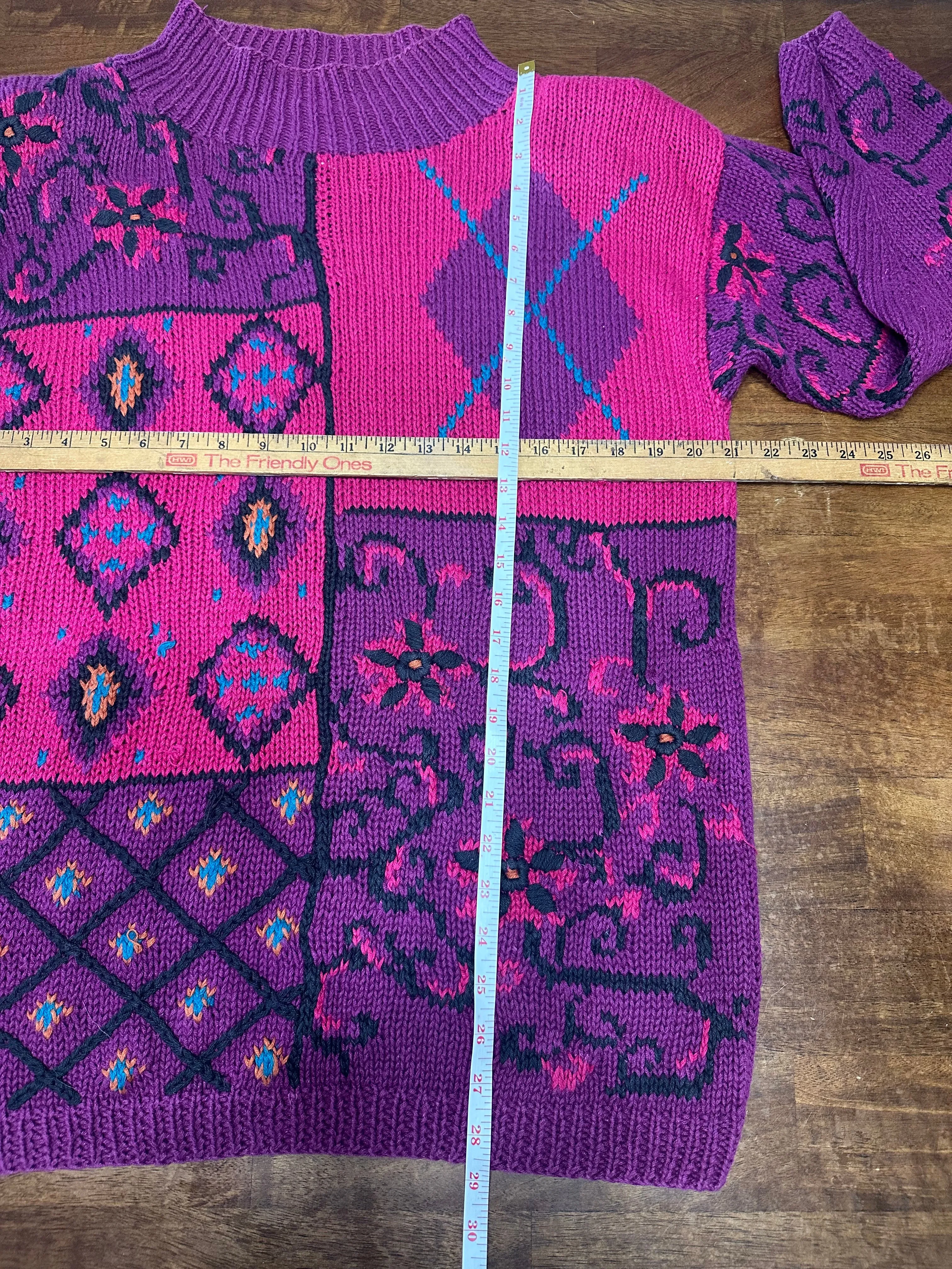Vintage 90s Magenta Pink Abstract Chunky Knit Sweater (~M )