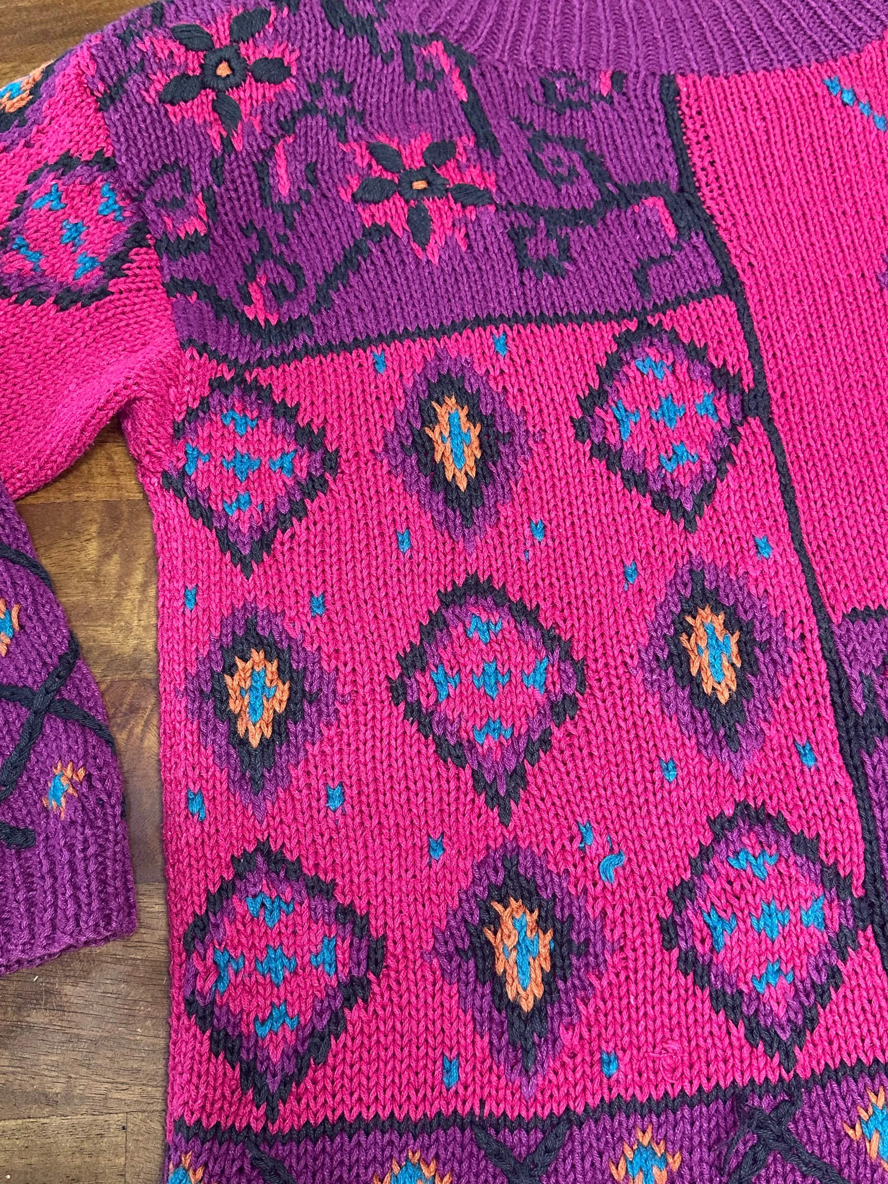 Vintage 90s Magenta Pink Abstract Chunky Knit Sweater (~M )