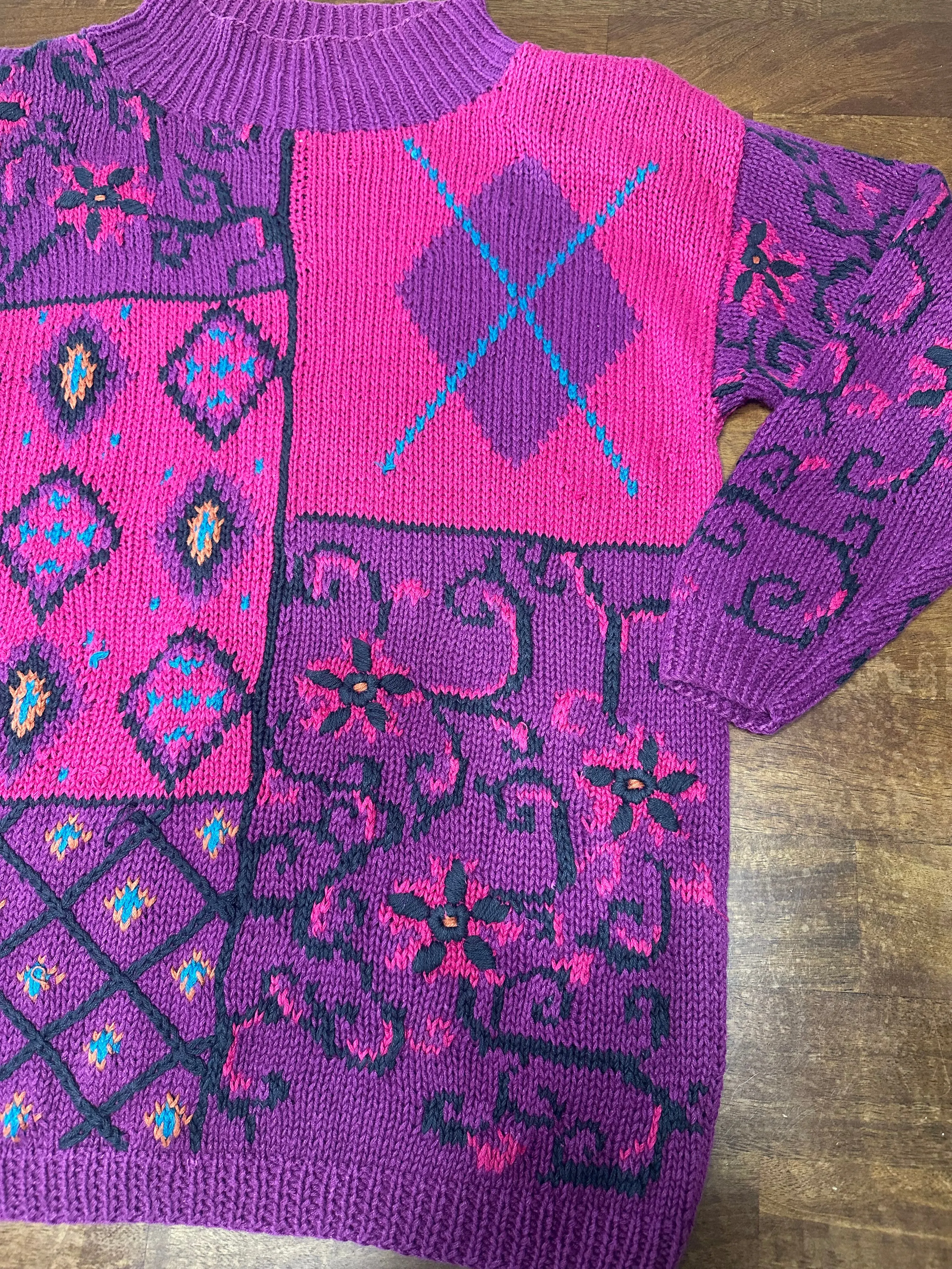 Vintage 90s Magenta Pink Abstract Chunky Knit Sweater (~M )