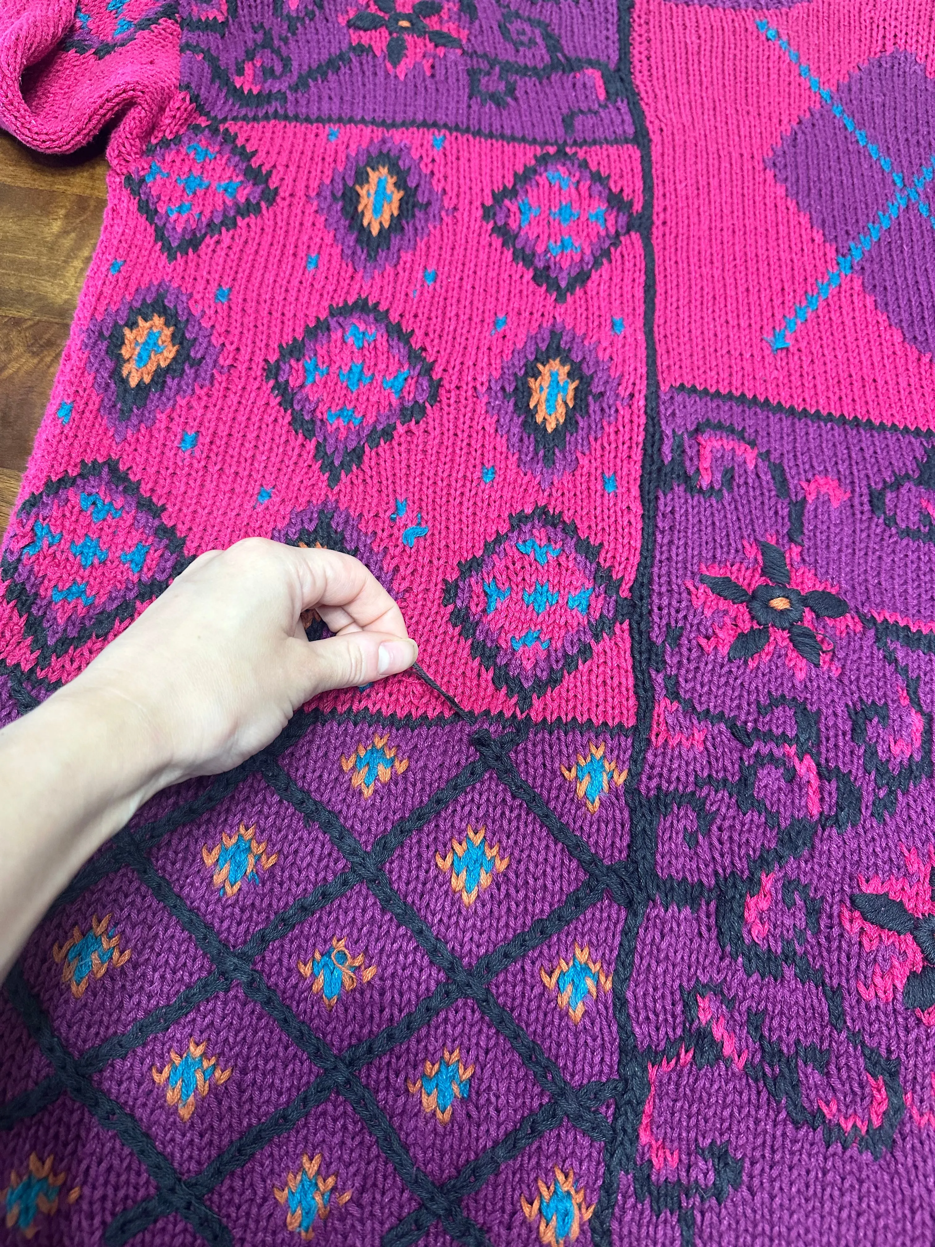 Vintage 90s Magenta Pink Abstract Chunky Knit Sweater (~M )