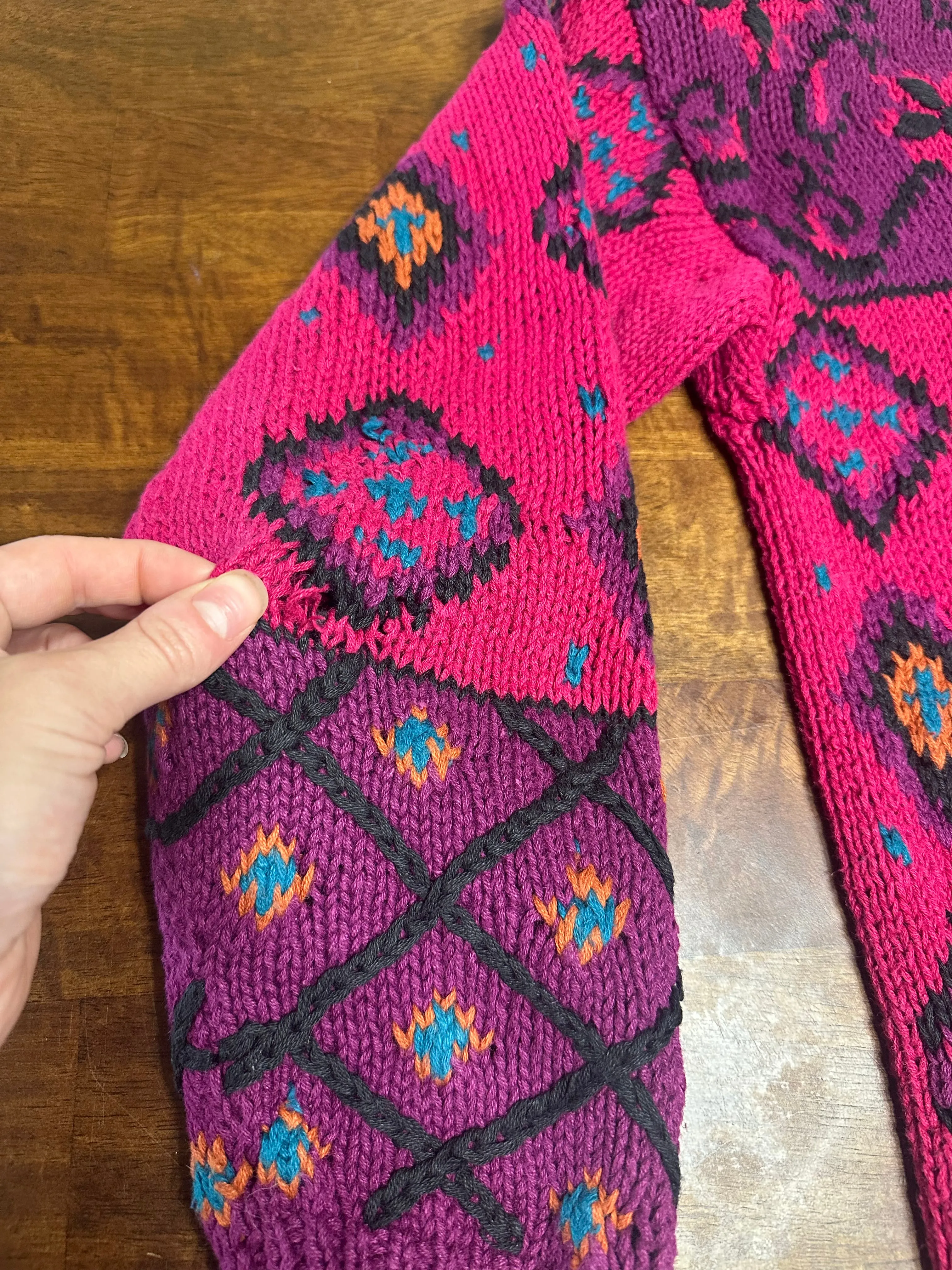 Vintage 90s Magenta Pink Abstract Chunky Knit Sweater (~M )